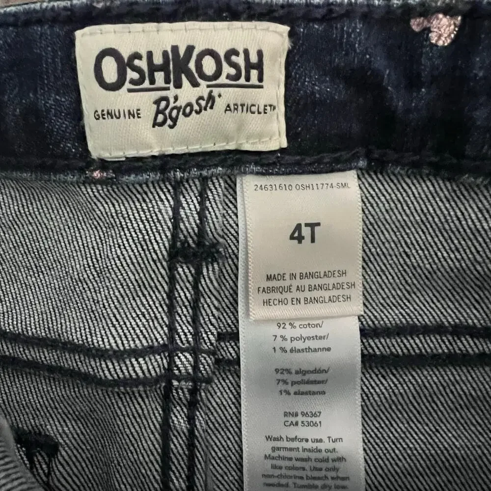 OshKosh B'gosh Denim Shorts Girls 4T Navy Pink Heart Print Stretch Cuffed New